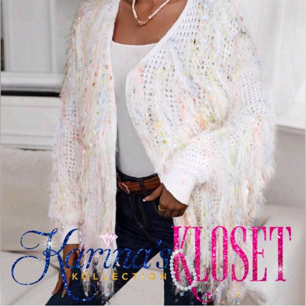 White & Pink Unicorn Fluffy Shag Sweater Cardigan w/Glam Multicolored Accents 💖